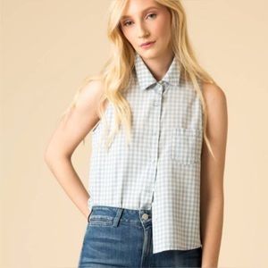 AMO Gingham Button Up Sleeveless Blouse Top Blue White Cotton USA